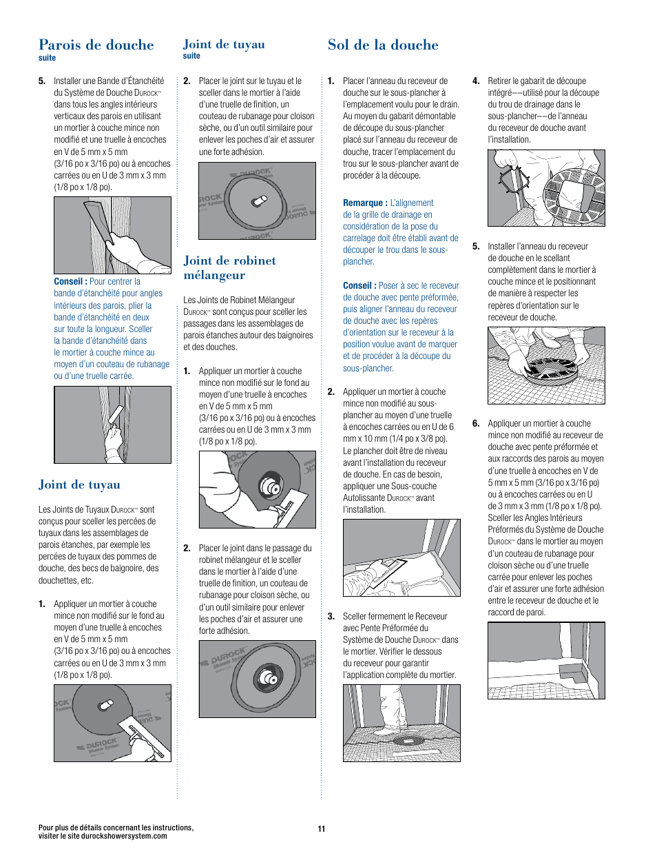 Parois de douche, Sol de la douche, Joint de tuyau | Joint de robinet mélangeur | USG Durock Shower System User Manual | Page 12 / 16