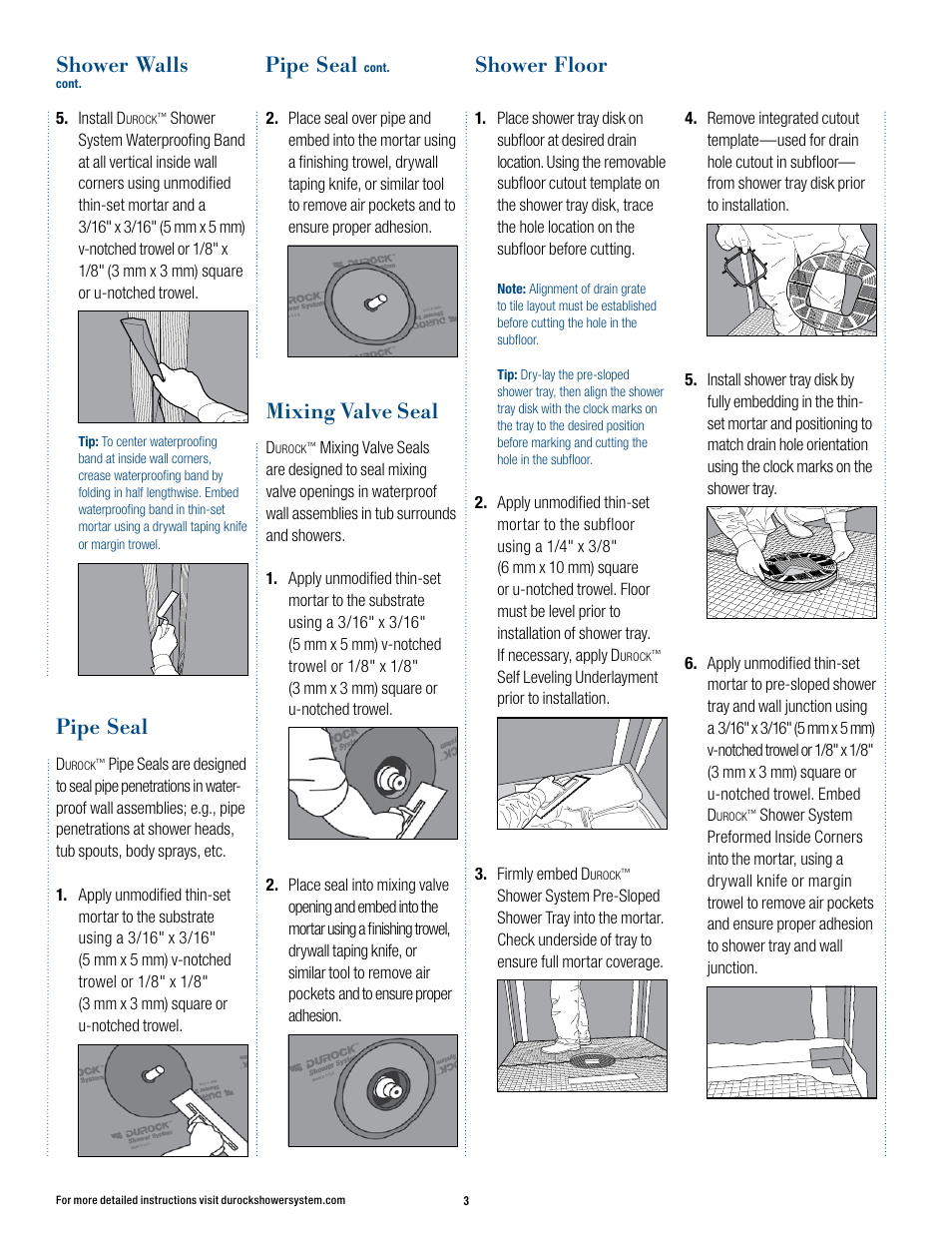 Pipe seal, Mixing valve seal, Shower walls | Shower floor | USG Durock Shower System User Manual | Page 4 / 16