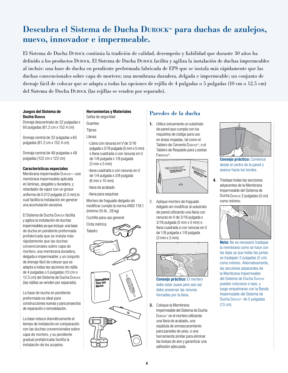 Descubra el sistema de ducha d, Urock, Paredes de la ducha | USG Durock Shower System User Manual | Page 7 / 16