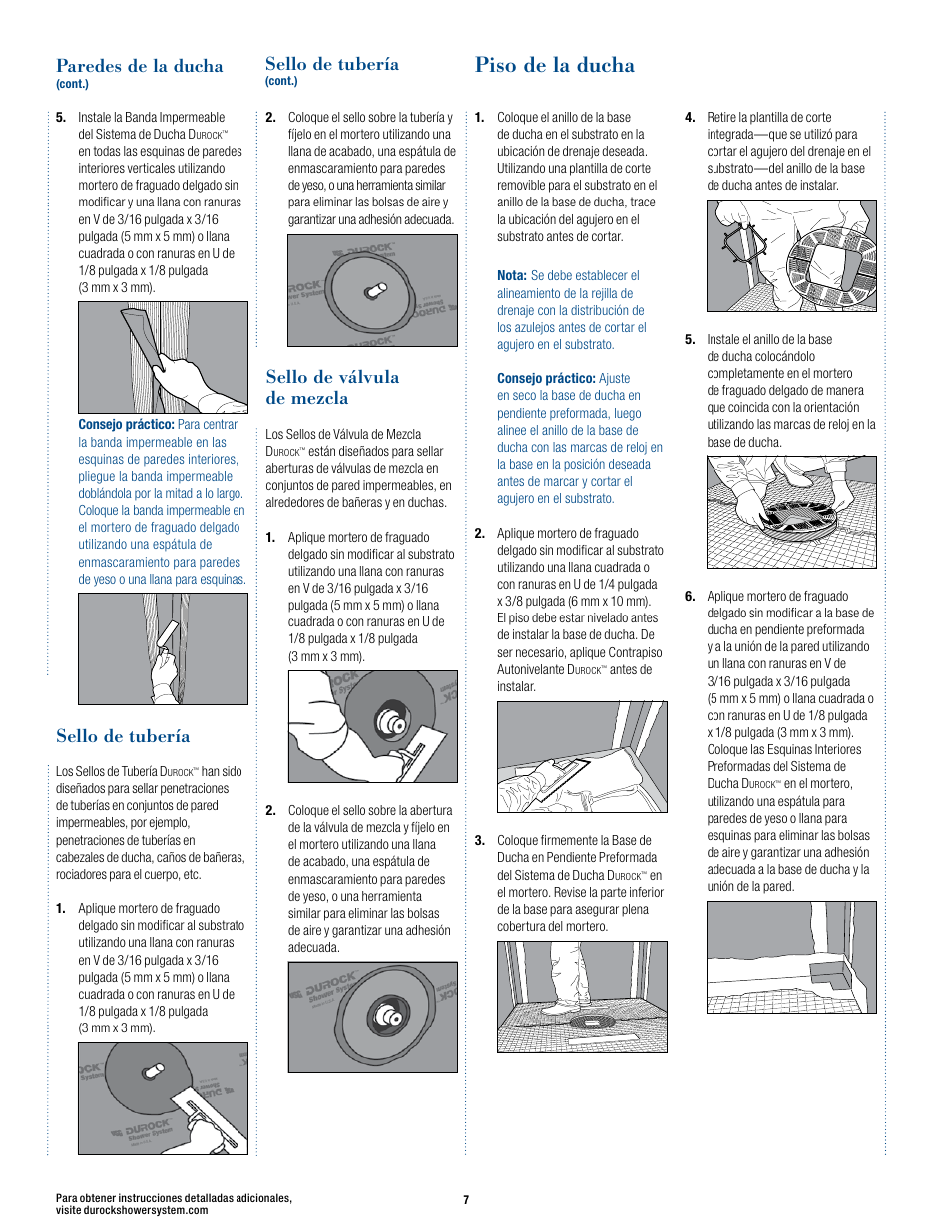 Piso de la ducha, Sello de tubería, Sello de válvula de mezcla | Paredes de la ducha | USG Durock Shower System User Manual | Page 8 / 16