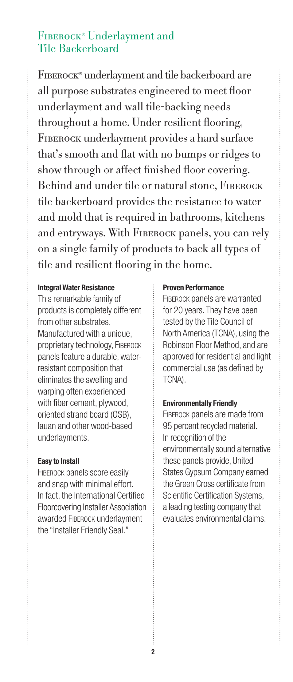 Fiberock, Underlayment and tile backerboard | USG Fiberock Underlayment and Tile Backerboard User Manual | Page 2 / 12