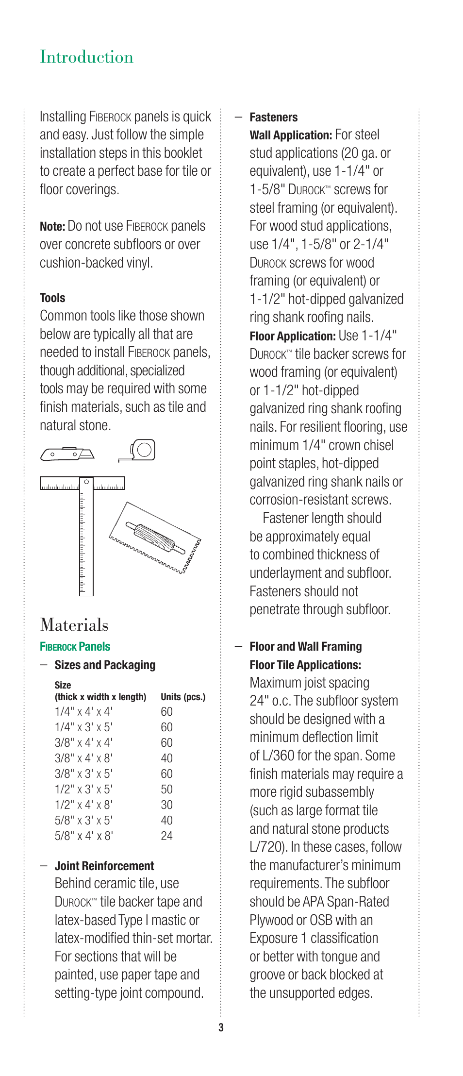 Introduction, Materials, Installing f | Do not use f, Behind ceramic tile, use d, Use 1-1/4" d | USG Fiberock Underlayment and Tile Backerboard User Manual | Page 3 / 12