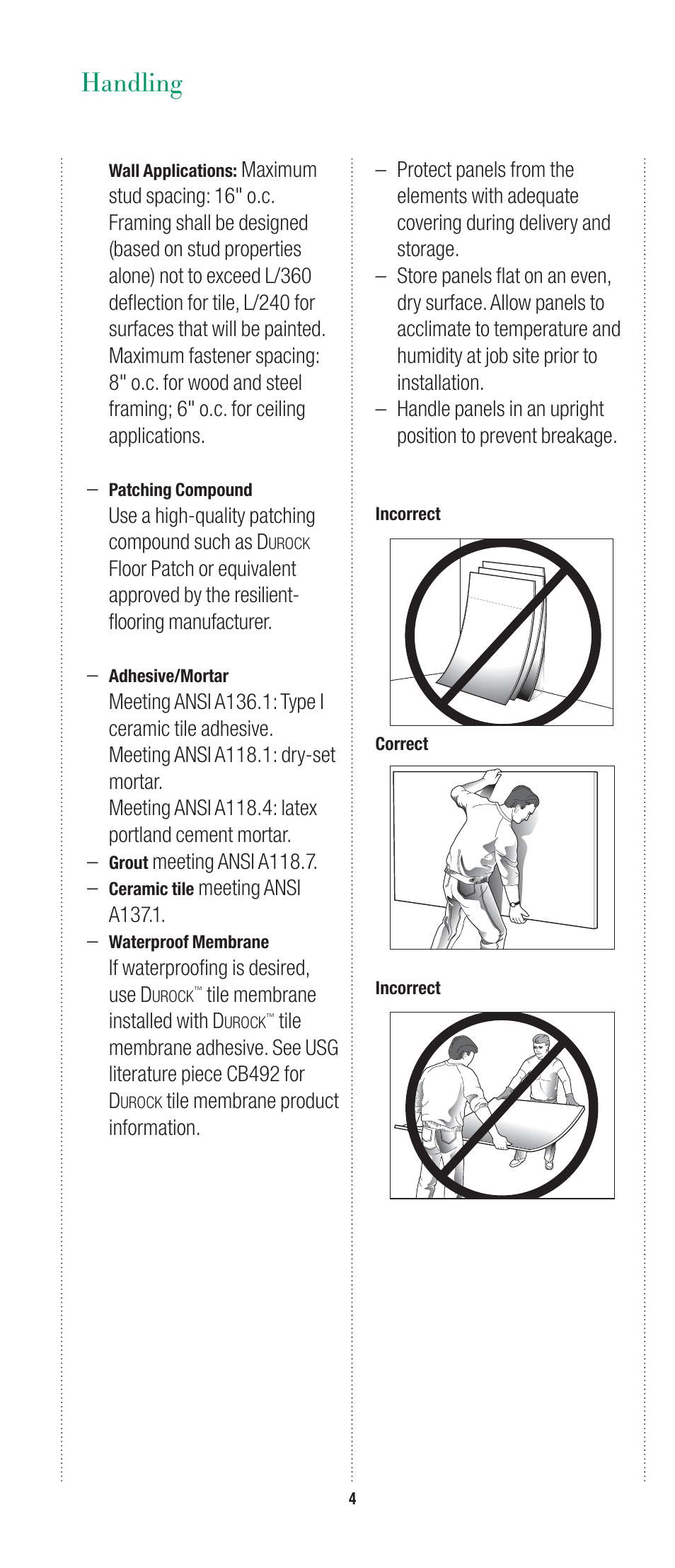 Handling | USG Fiberock Underlayment and Tile Backerboard User Manual | Page 4 / 12