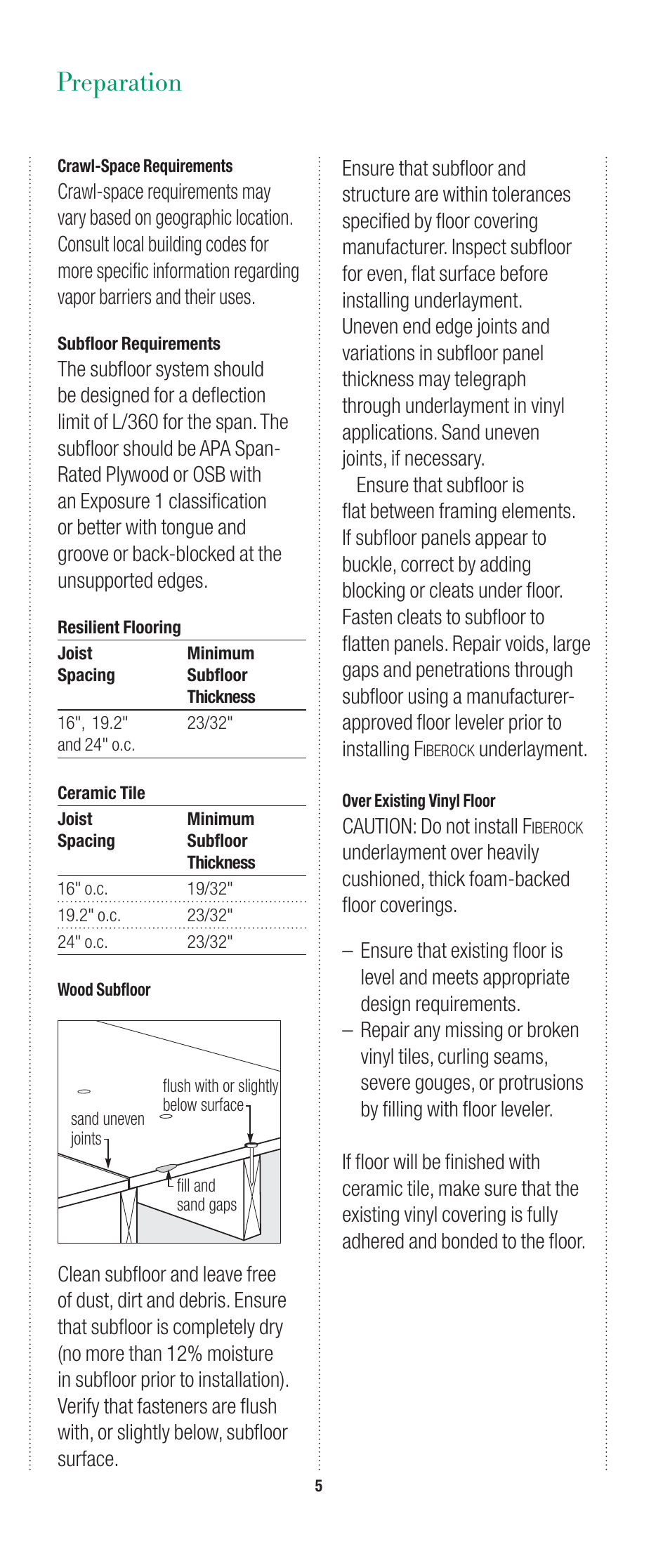 Preparation, Underlayment, Caution: do not install f | USG Fiberock Underlayment and Tile Backerboard User Manual | Page 5 / 12