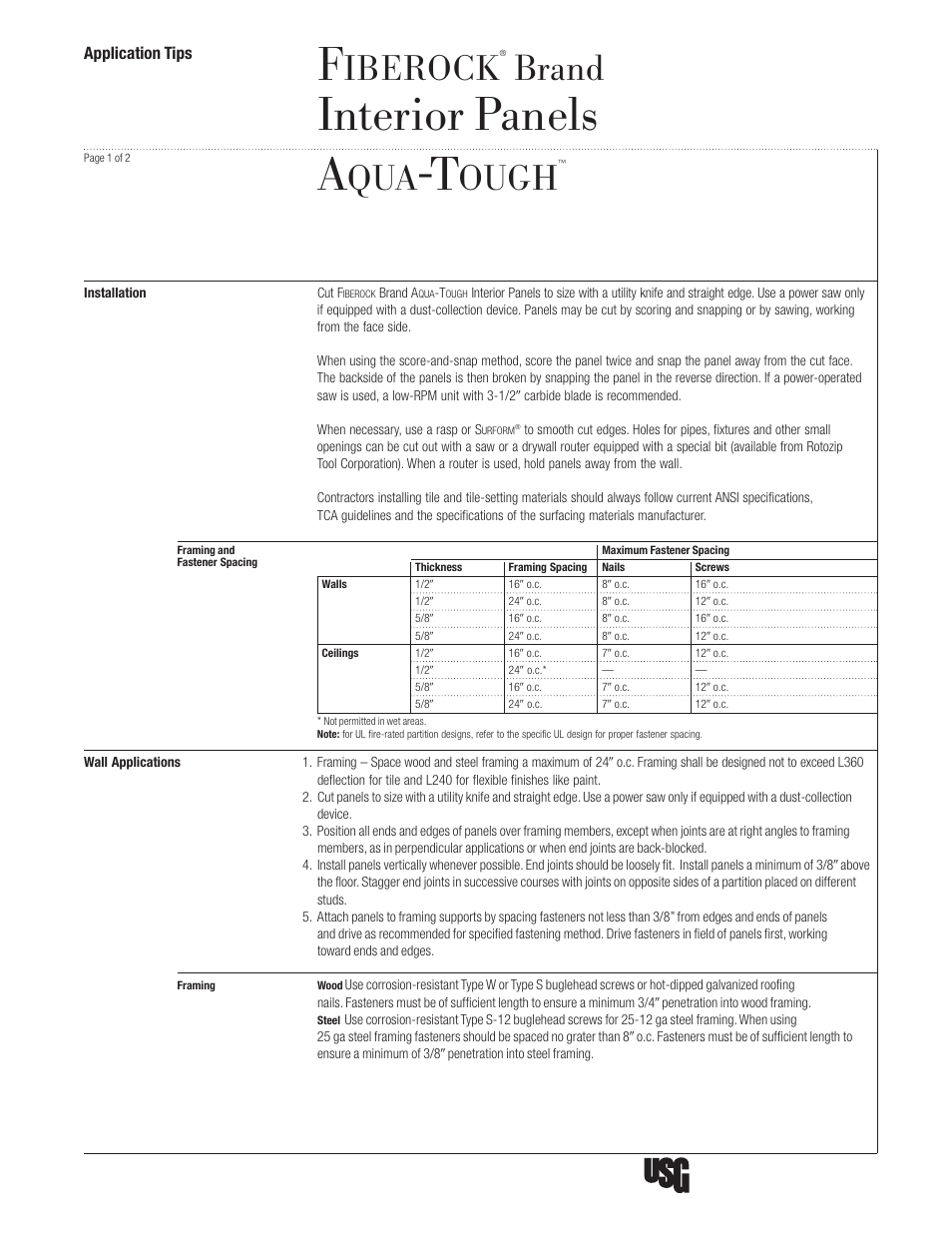 USG FIBEROCK Interior Panels AQUA-TOUGH User Manual | 2 pages