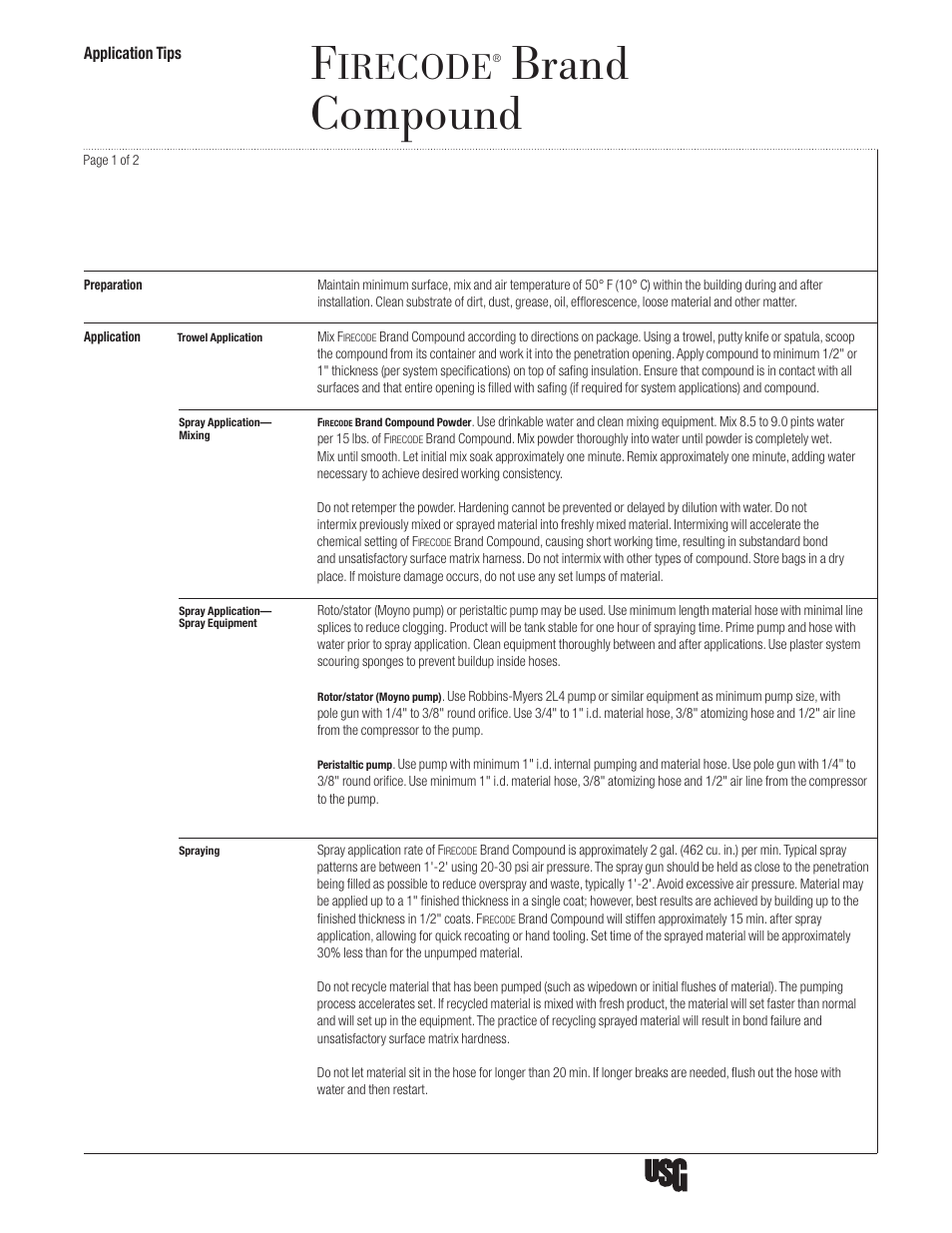 USG Firecode Compound User Manual | 2 pages