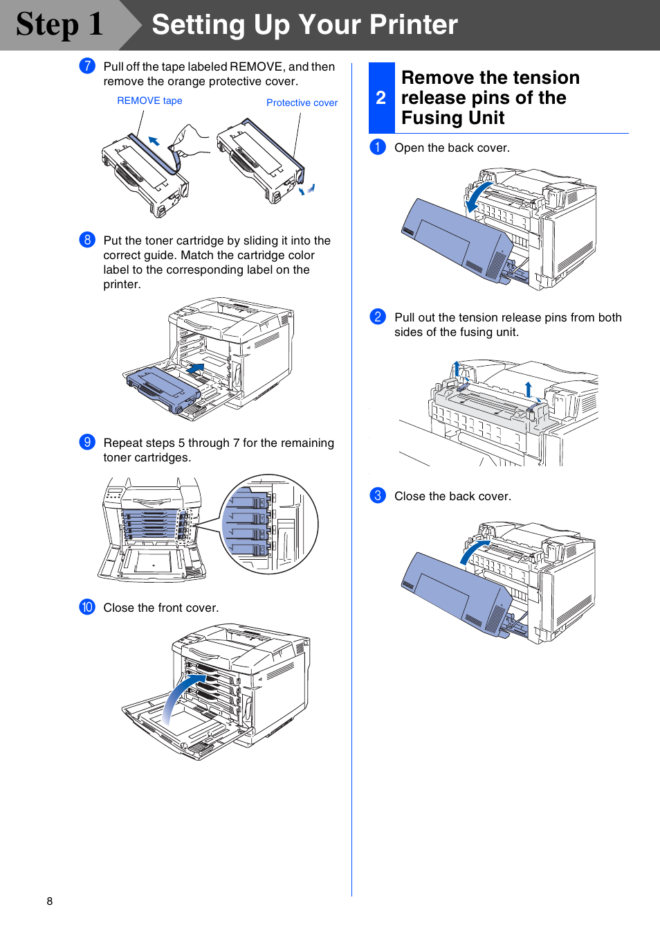 Remove the tension release pins of the fusing unit, Step 1, Setting up your printer | Brother HL-2700CN Series User Manual | Page 10 / 36