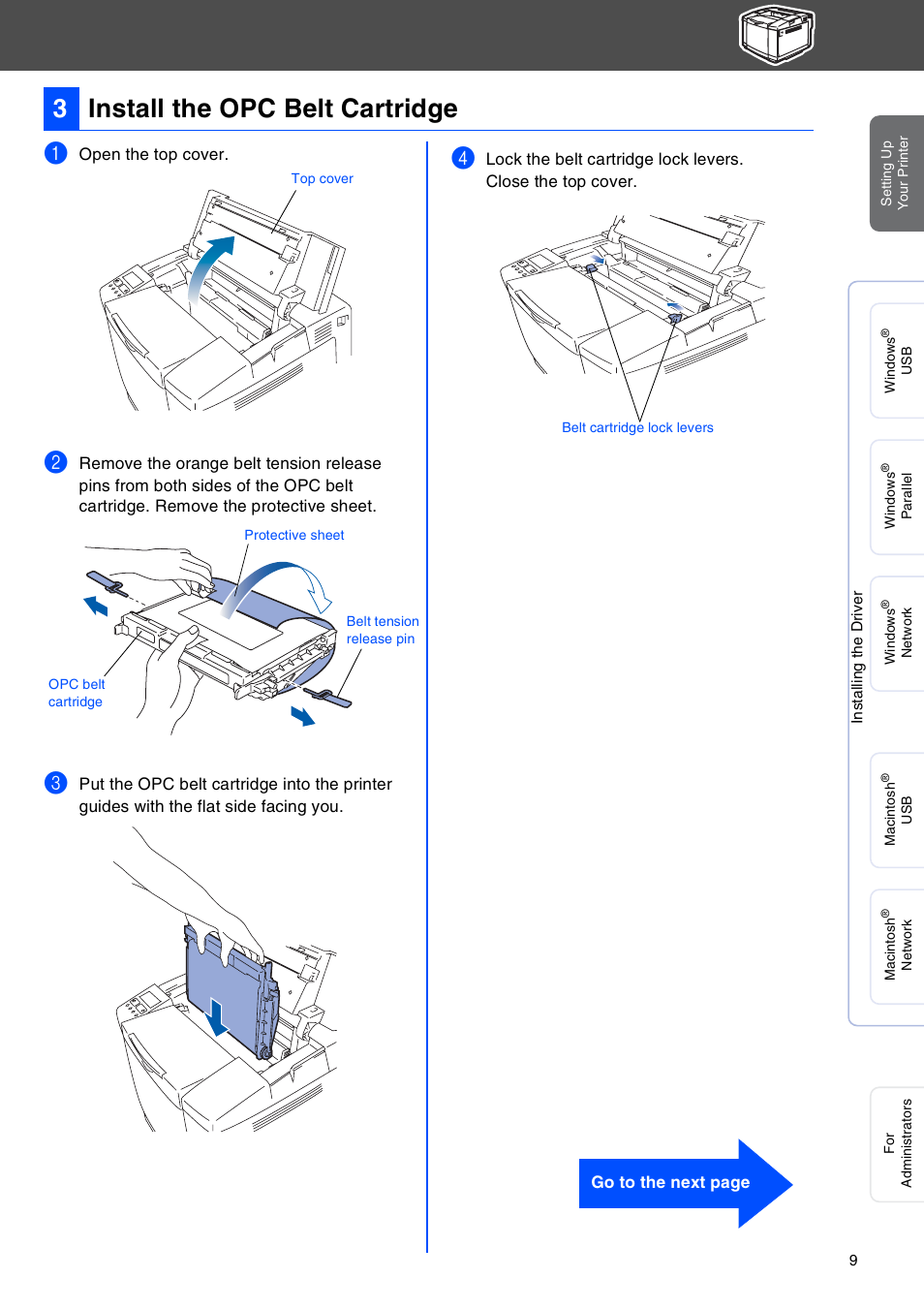 Install the opc belt cartridge, 3install the opc belt cartridge | Brother HL-2700CN Series User Manual | Page 11 / 36