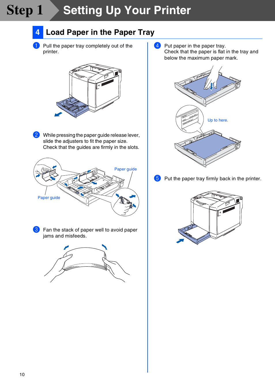Load paper in the paper tray, Step 1, Setting up your printer | Brother HL-2700CN Series User Manual | Page 12 / 36