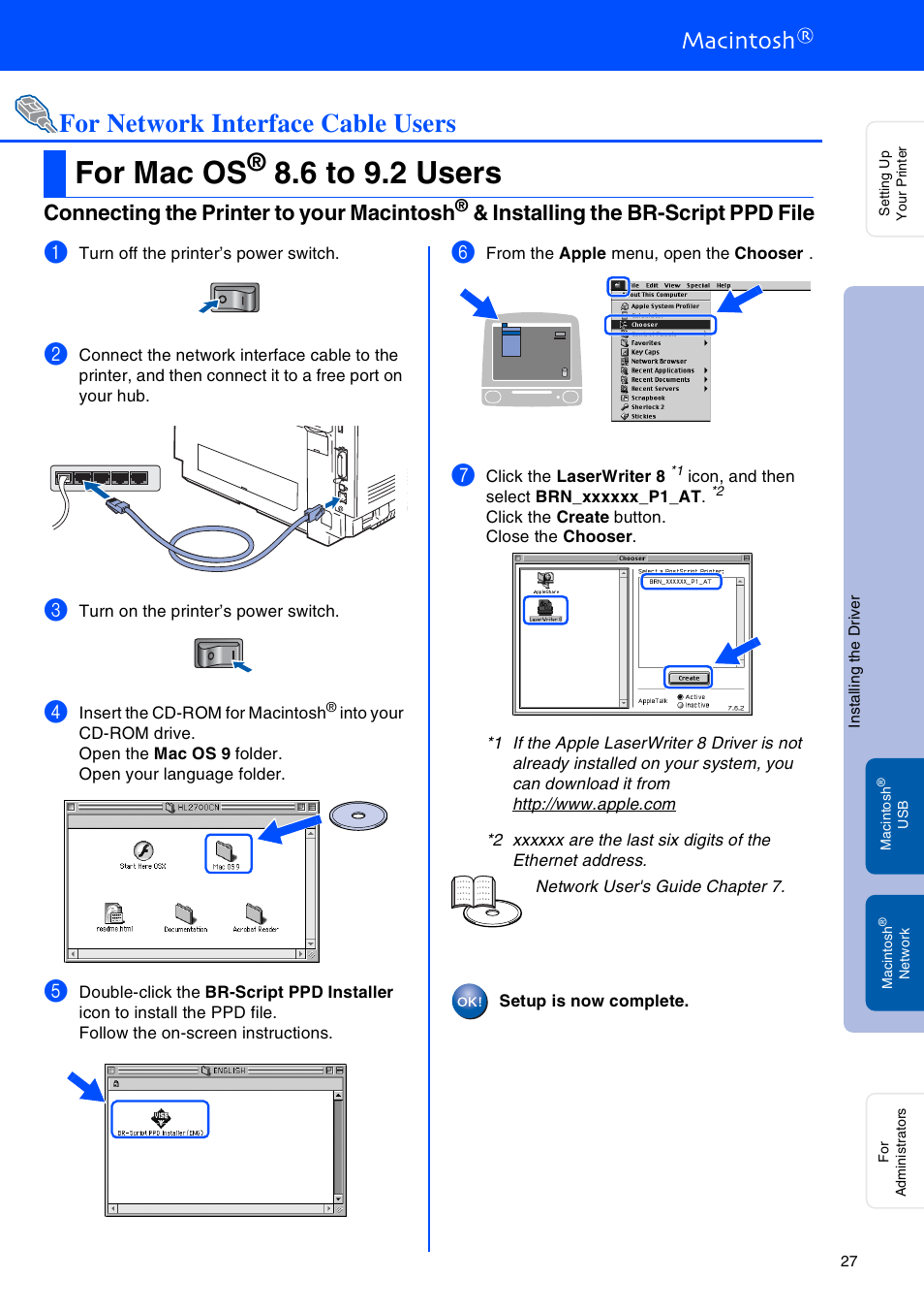 For network interface cable users, For mac os® 8.6 to 9.2 users, For mac os | 6 to 9.2 users, Connecting the printer to your macintosh, Installing the br-script ppd file | Brother HL-2700CN Series User Manual | Page 29 / 36