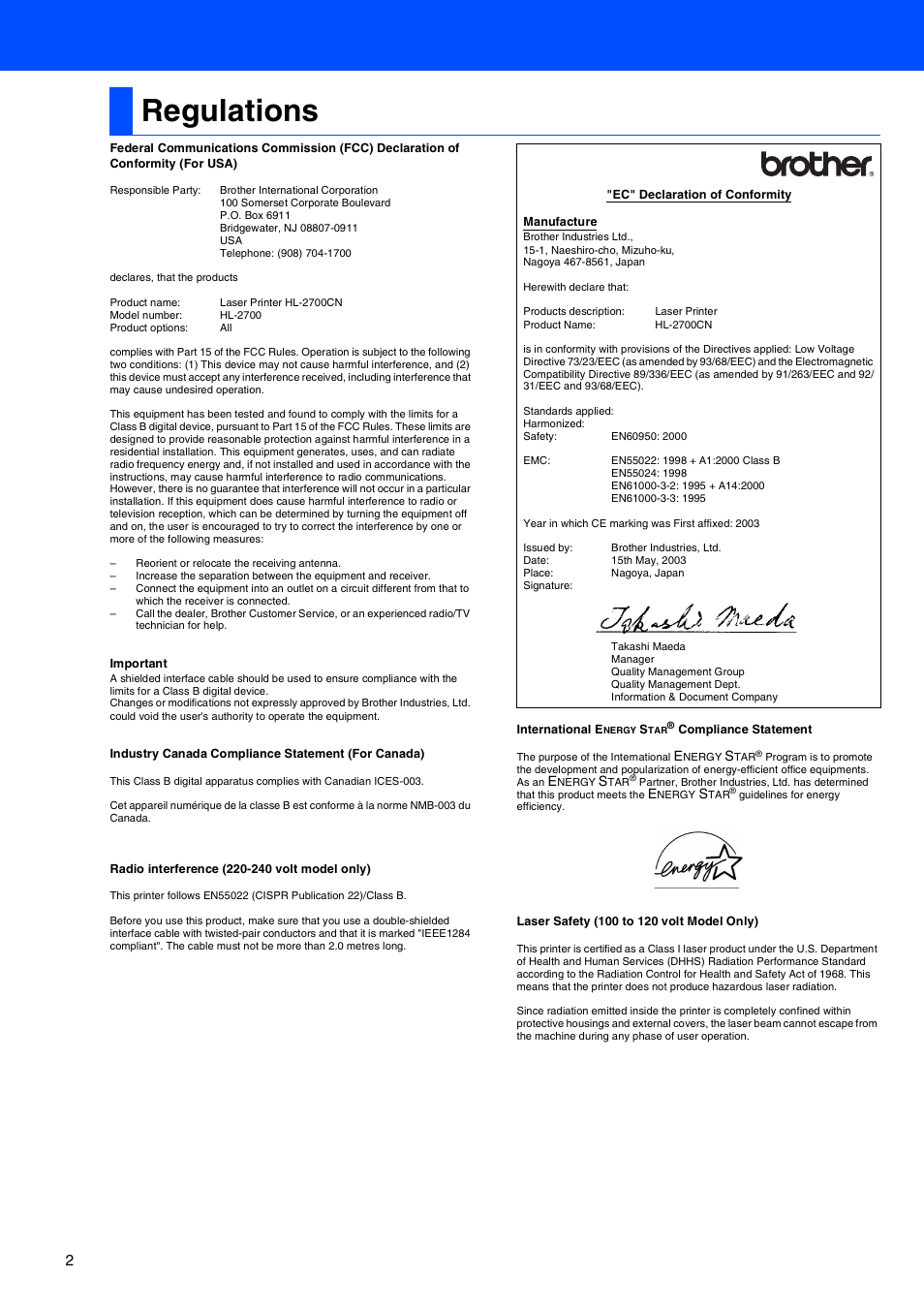 Regulations | Brother HL-2700CN Series User Manual | Page 4 / 36