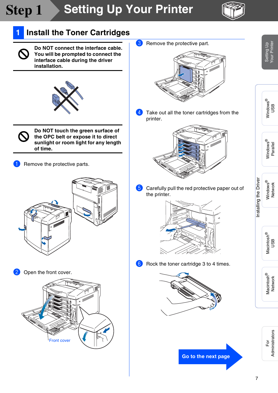Setting up your printer, Install the toner cartridges, Step 1 | 1install the toner cartridges | Brother HL-2700CN Series User Manual | Page 9 / 36