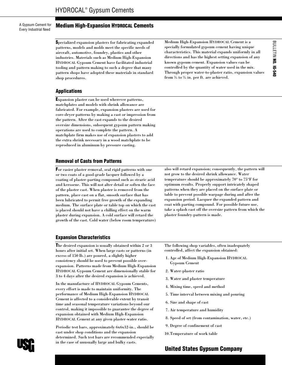 USG HYDROCAL Gypsum Cements User Manual | 2 pages