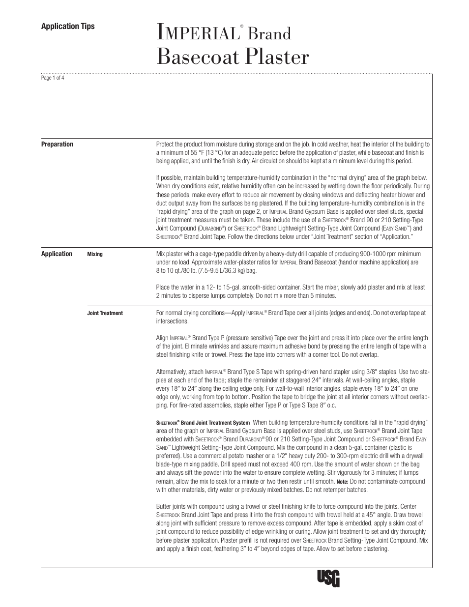 USG IMPERIAL Basecoat Plaster User Manual | 4 pages