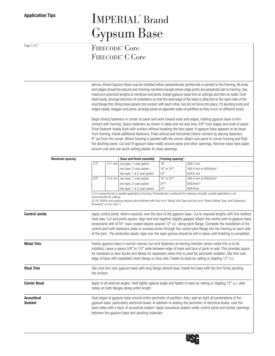 USG IMPERIAL Gypsum Base User Manual | 2 pages