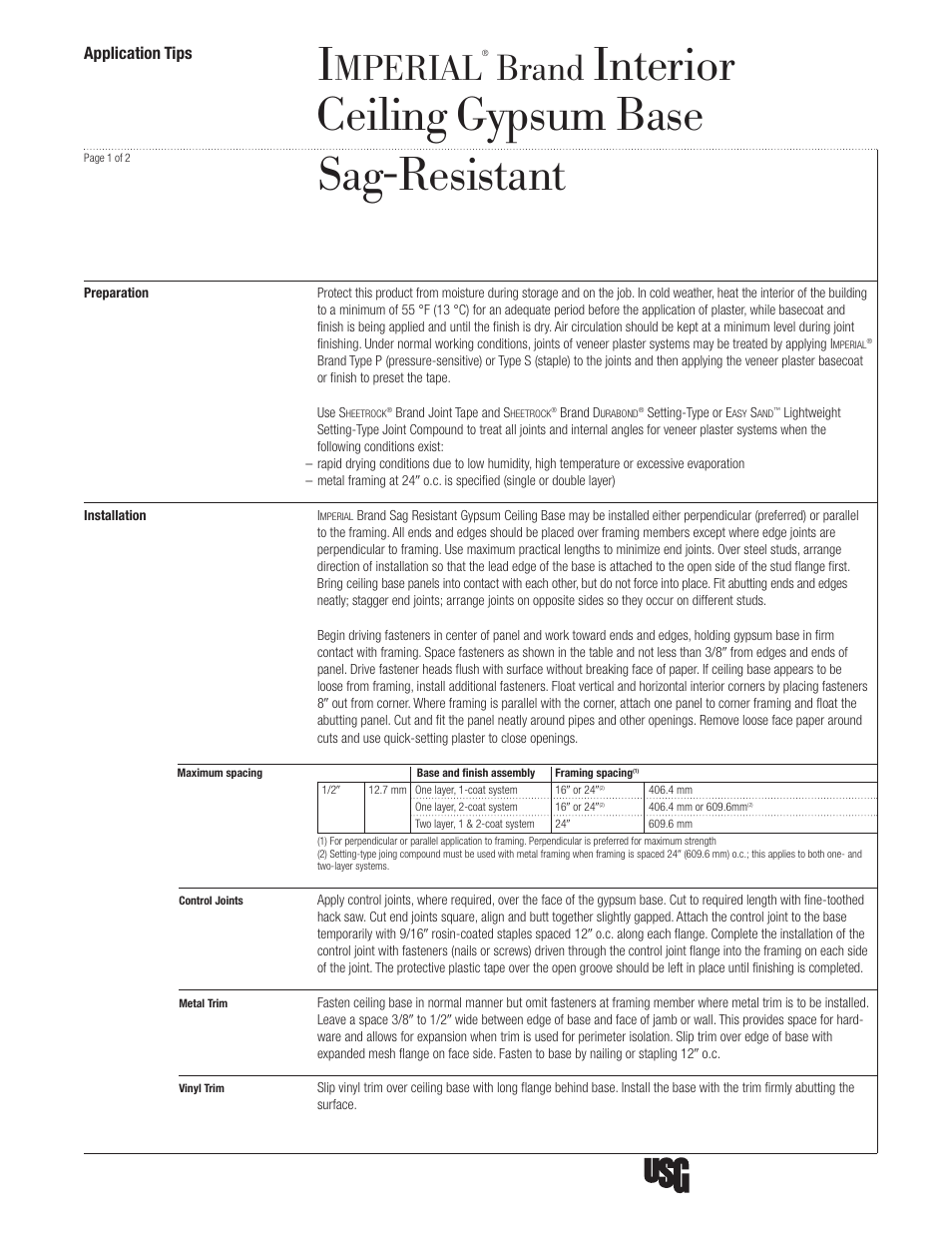 USG IMPERIAL Interior Ceiling Gypsum Base Sag-Resistant User Manual | 2 pages
