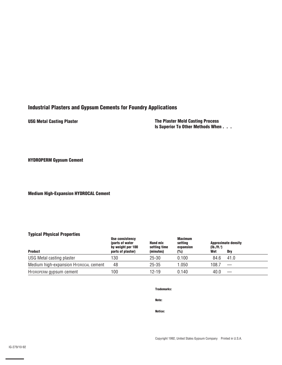 USG Industrial Plasters and Gypsum Cements for Foundry Applications User Manual | 1 page