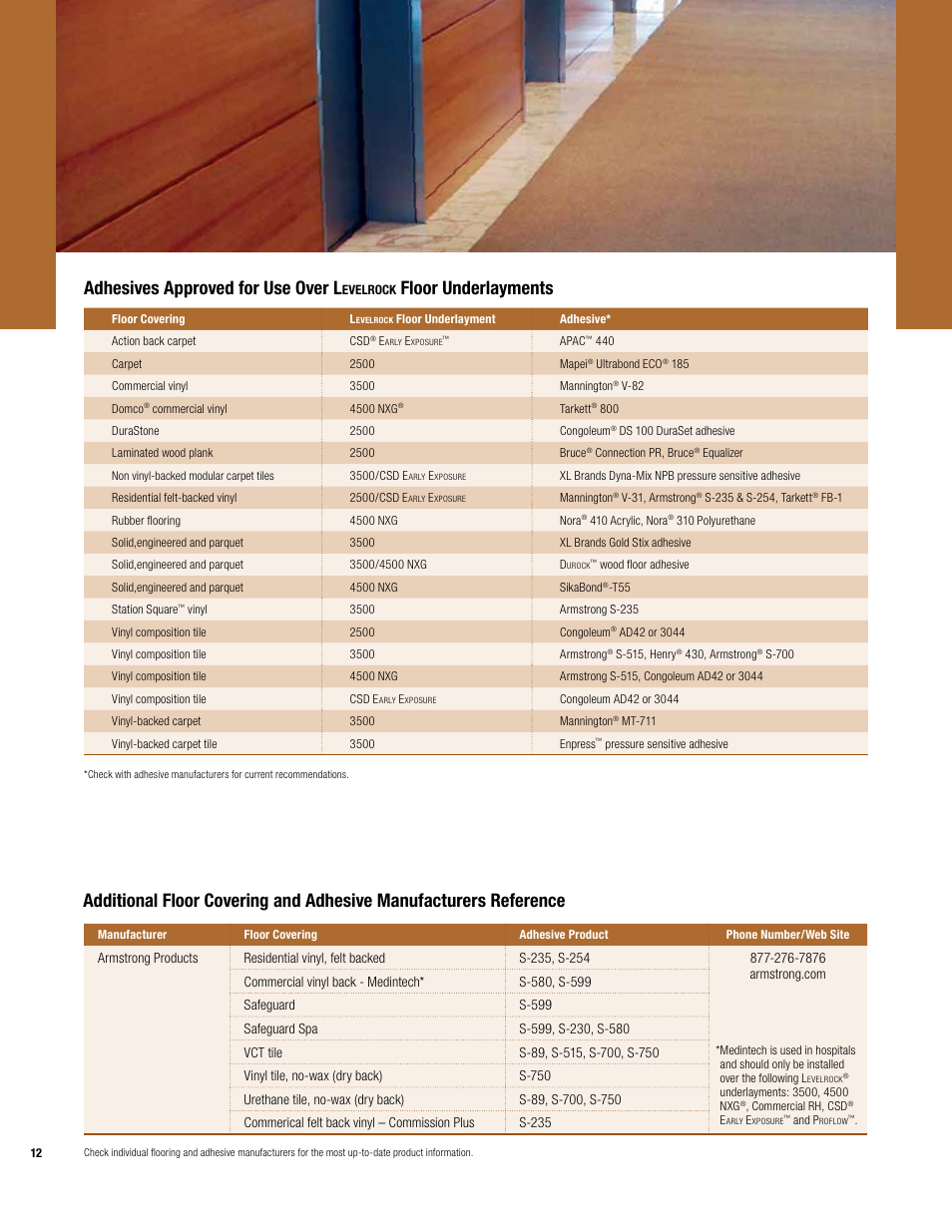 Adhesives approved for use over l, Floor underlayments | USG Levelrock Floor Underlayment Finished Floor User Manual | Page 12 / 16