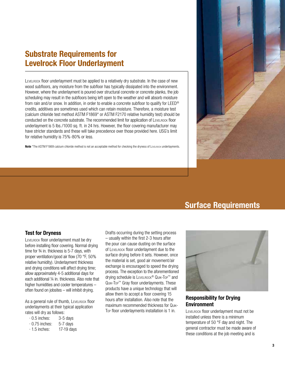 Surface requirements, Test for dryness, Responsibility for drying environment | USG Levelrock Floor Underlayment Finished Floor User Manual | Page 3 / 16