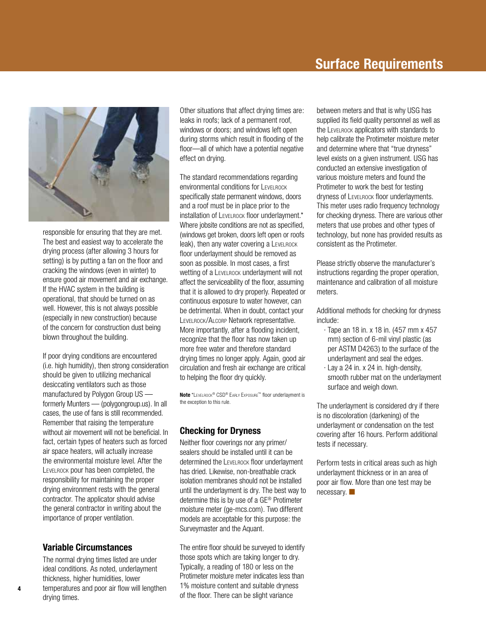 Surface requirements, Variable circumstances, Checking for dryness | USG Levelrock Floor Underlayment Finished Floor User Manual | Page 4 / 16