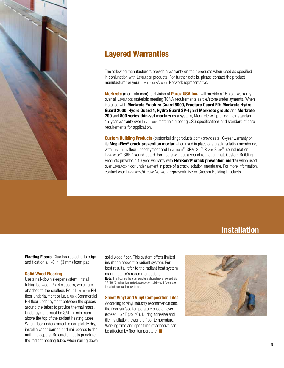 Layered warranties, Installation | USG Levelrock Floor Underlayment Finished Floor User Manual | Page 9 / 16