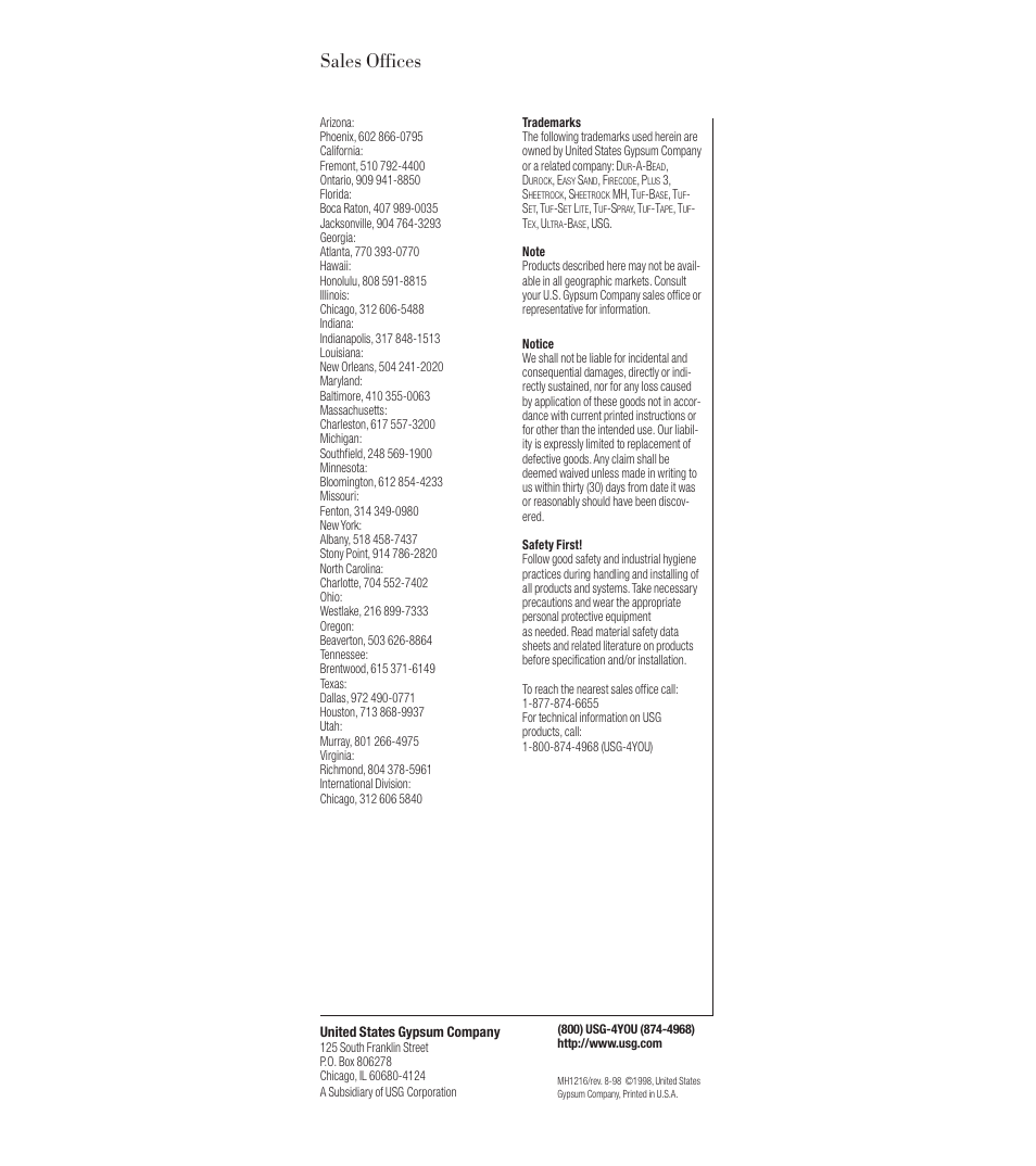 Sales offices | USG Manufactured Housing Handbook User Manual | Page 29 / 29