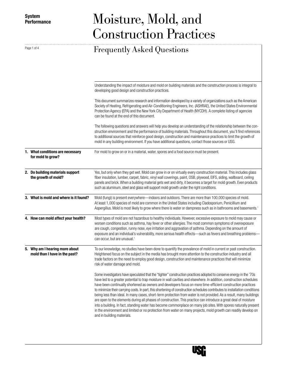 USG Moisture, Mold, and Construction Practices Frequently Asked Questions User Manual | 4 pages