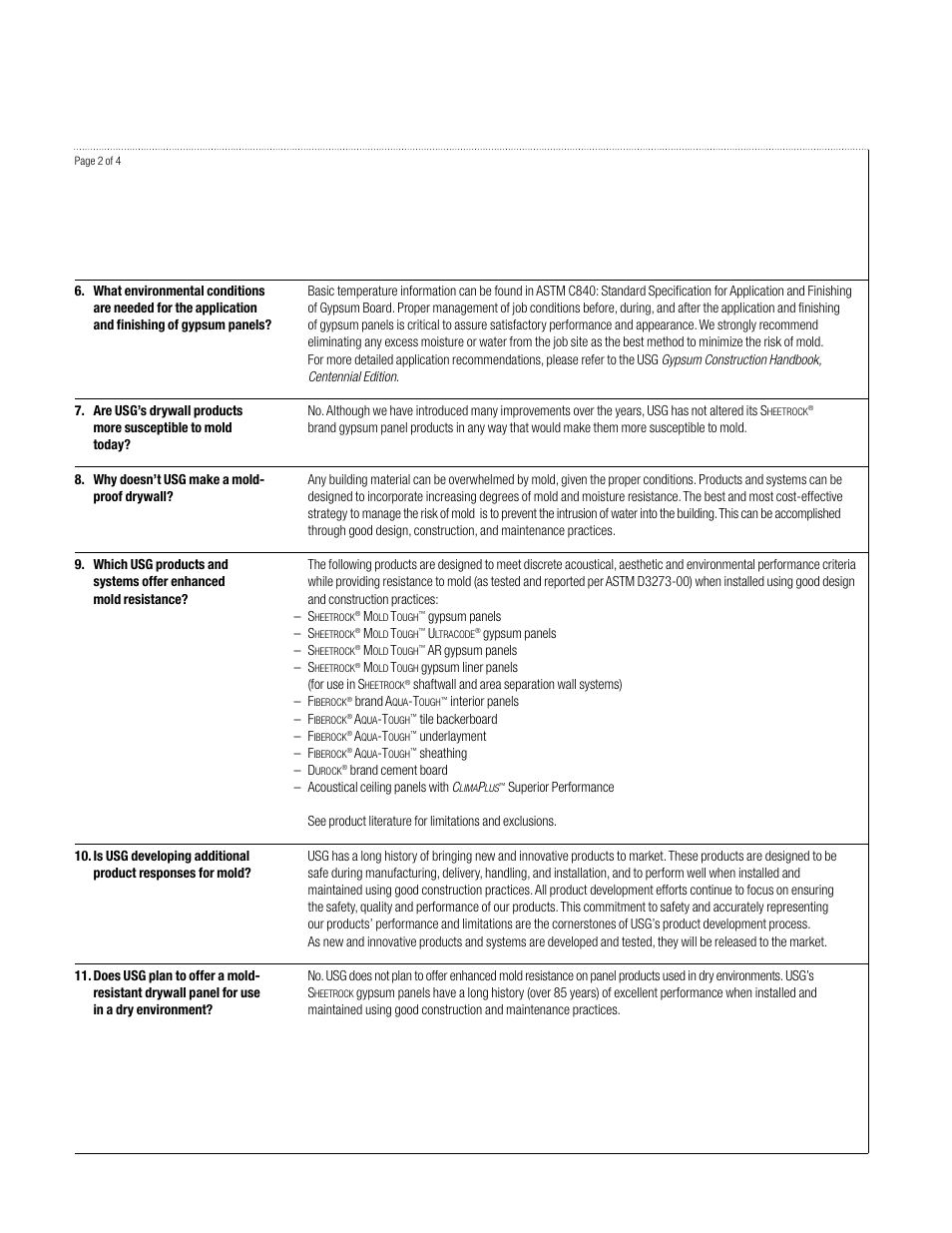 USG Moisture, Mold, and Construction Practices Frequently Asked Questions User Manual | Page 2 / 4