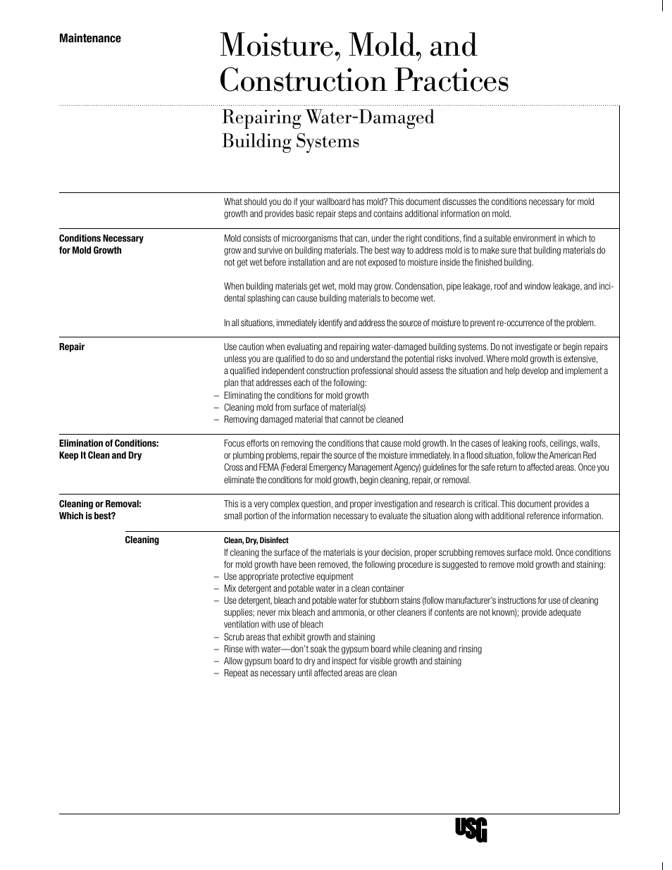 USG Moisture, Mold, and Construction Practices Repairing Water-Damaged Building Systems User Manual | 2 pages