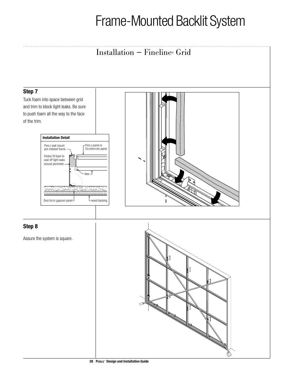 Frame-mounted backlit system, Installation — fineline, Grid | Step 7, Step 8 | USG Pixels Wall Mounted User Manual | Page 30 / 36