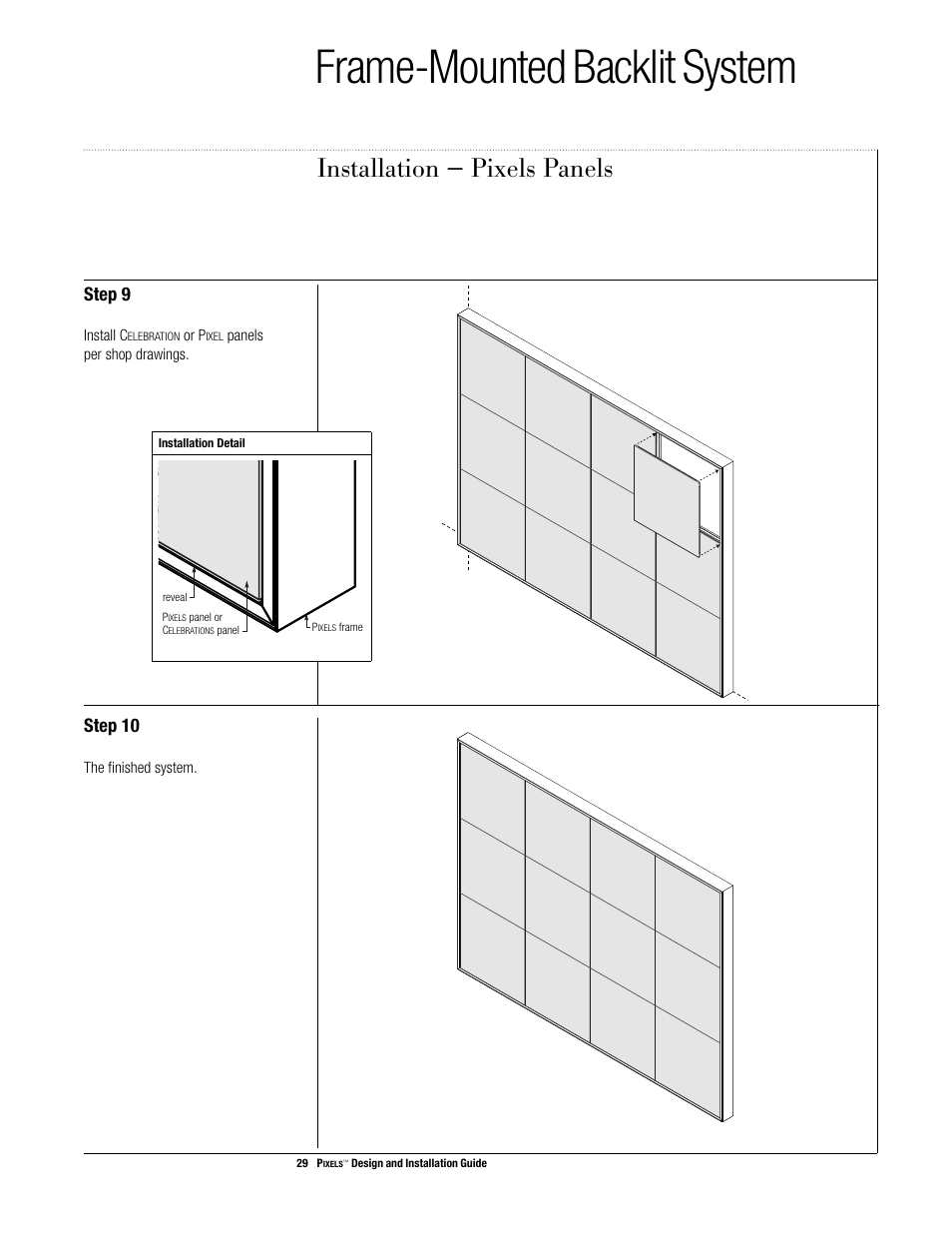 Frame-mounted backlit system, Installation — pixels panels, Step 9 | Step 10 | USG Pixels Wall Mounted User Manual | Page 31 / 36