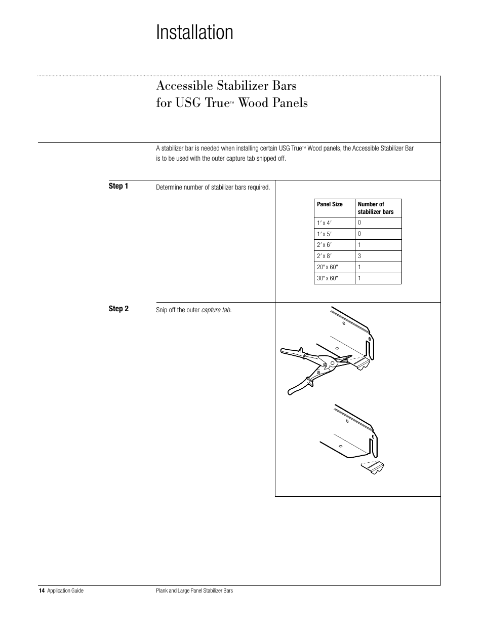 Installation, Accessible stabilizer bars for usg true, Wood panels | USG Plank and Large Panel Stabilizer Bars User Manual | Page 14 / 16