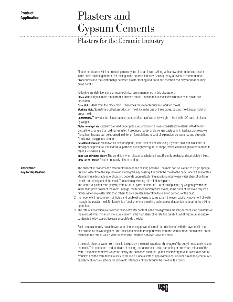 USG Plasters and Gypsum Cements for the Ceramic Industry User Manual | 6 pages