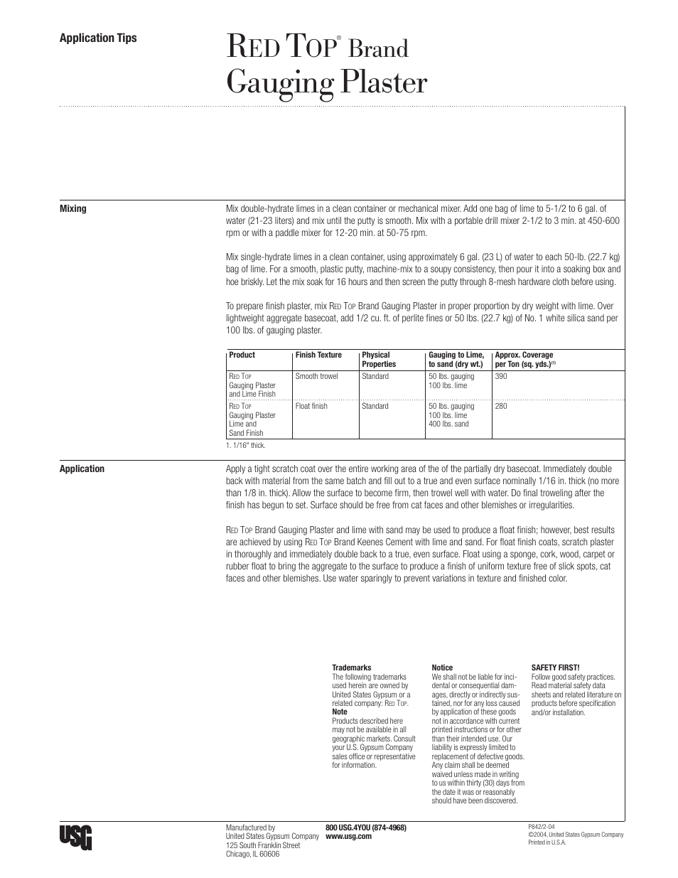 USG RED TOP Gauging Plaster User Manual | 1 page