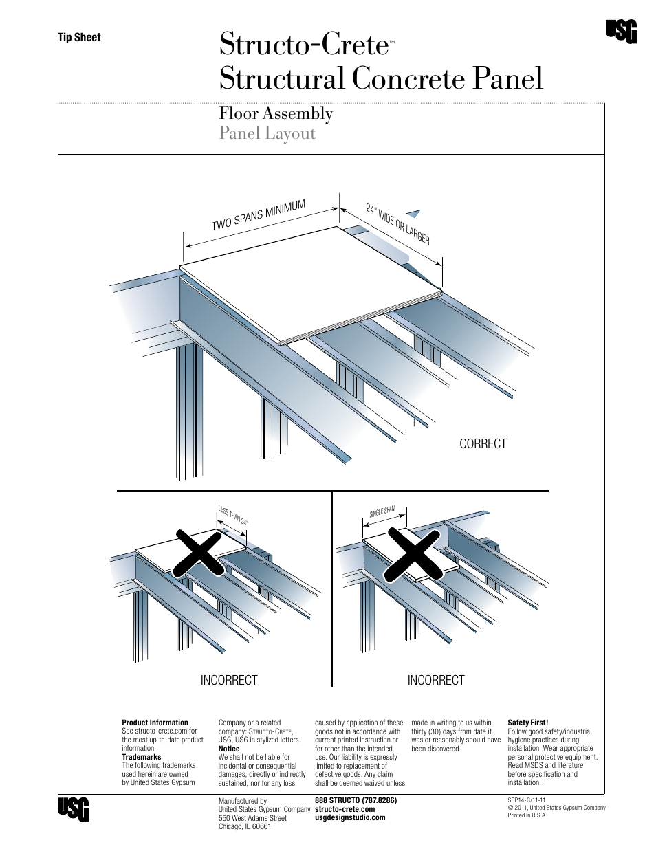 Structo-crete, Structural concrete panel, Floor assembly panel layout | Floor system, Correct, Incorrect, Panel layout, Tip sheet | USG Structo-Crete Structural Concrete Panel User Manual | Page 3 / 9