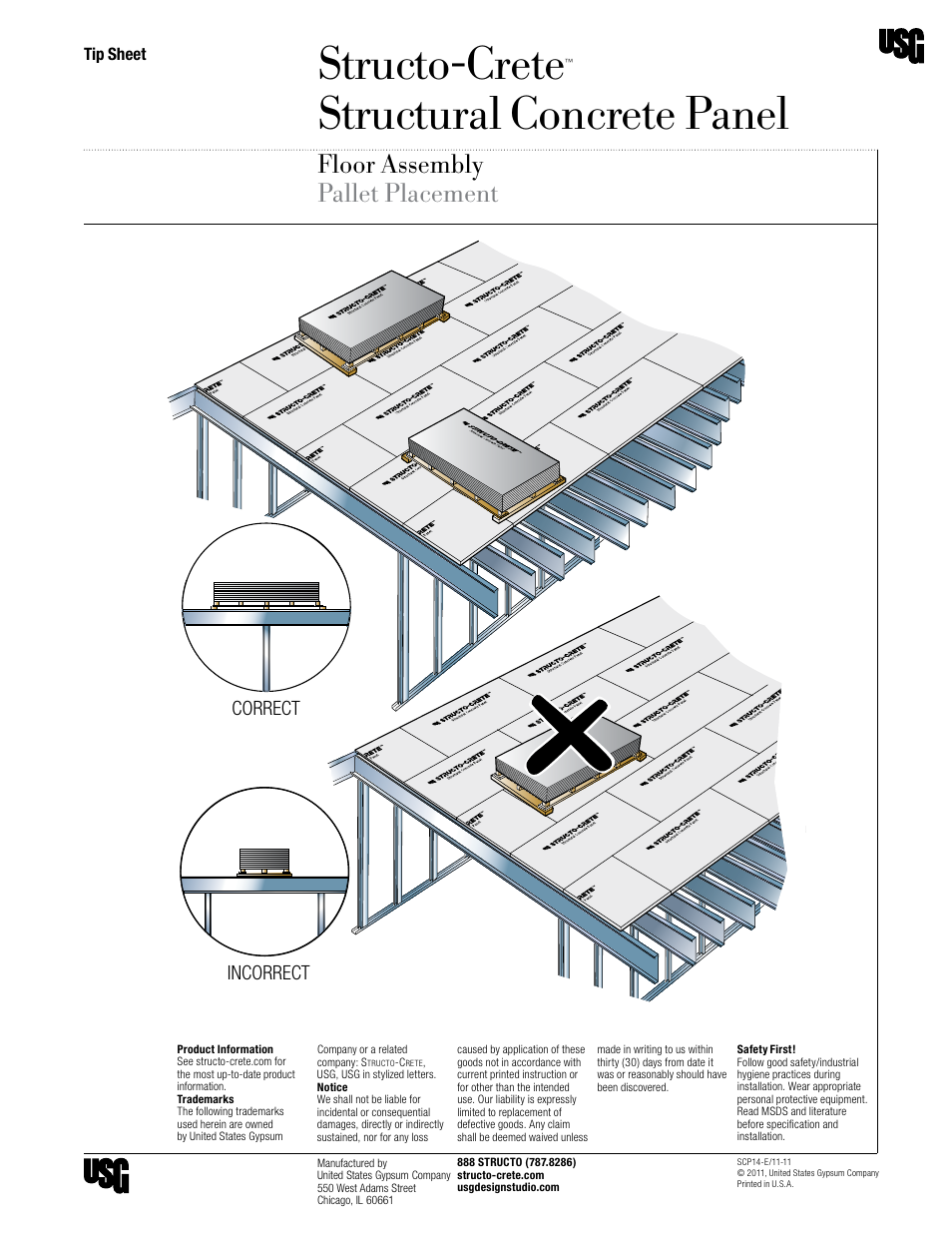 Structo-crete, Structural concrete panel, Floor assembly pallet placement | Floor system, Correct incorrect, Pallet placement, Tip sheet | USG Structo-Crete Structural Concrete Panel User Manual | Page 5 / 9