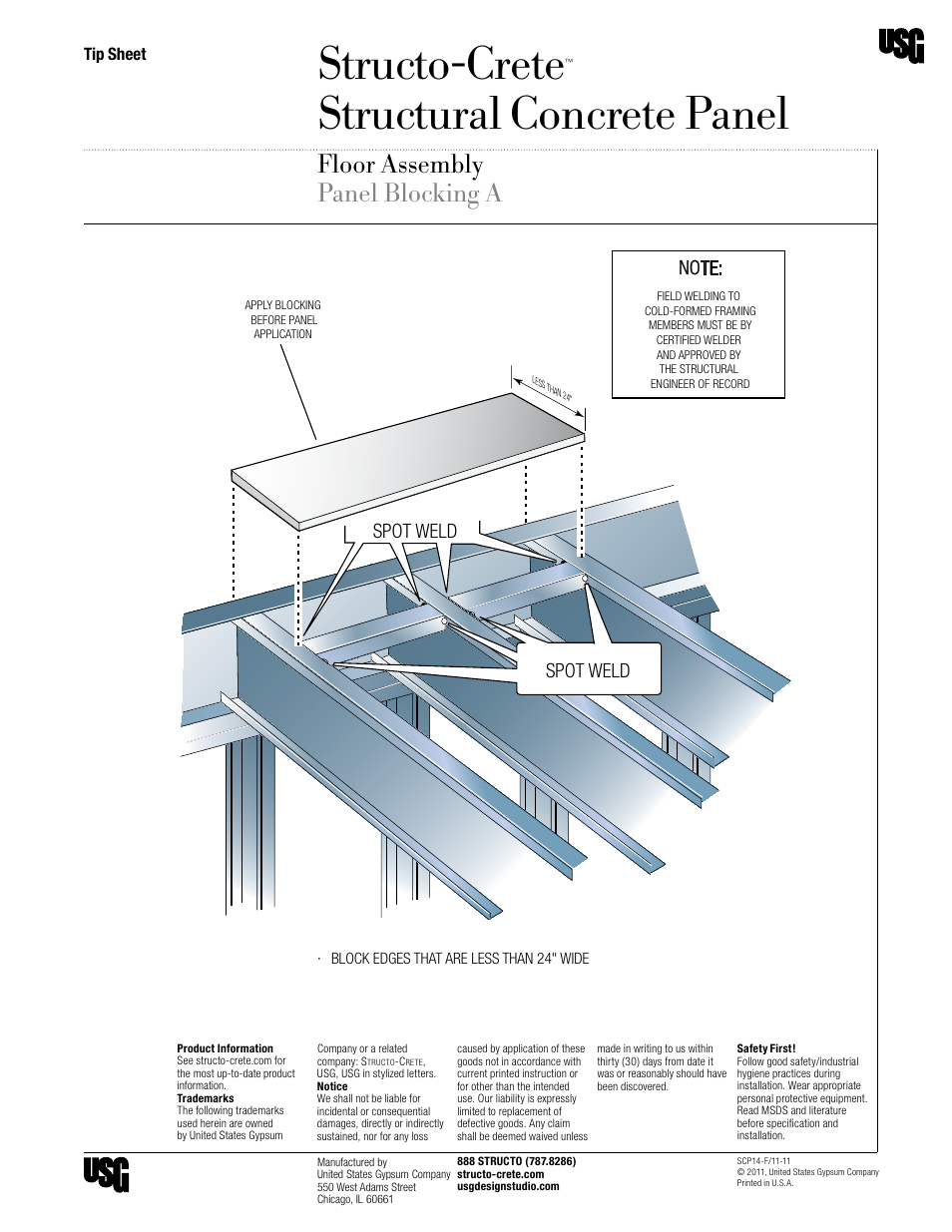 Structo-crete, Structural concrete panel, Floor assembly panel blocking a | Floor system, Spot weld, Panel blocking, Tip sheet | USG Structo-Crete Structural Concrete Panel User Manual | Page 6 / 9