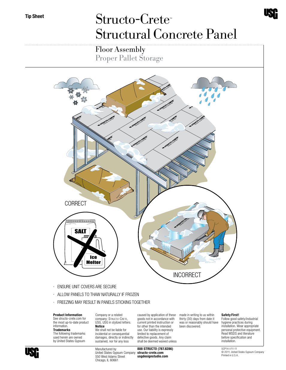 Structo-crete, Structural concrete panel, Floor assembly proper pallet storage | Floor system, Incorrect, Correct, Salt, Proper pallet storage, Tip sheet | USG Structo-Crete Structural Concrete Panel User Manual | Page 9 / 9