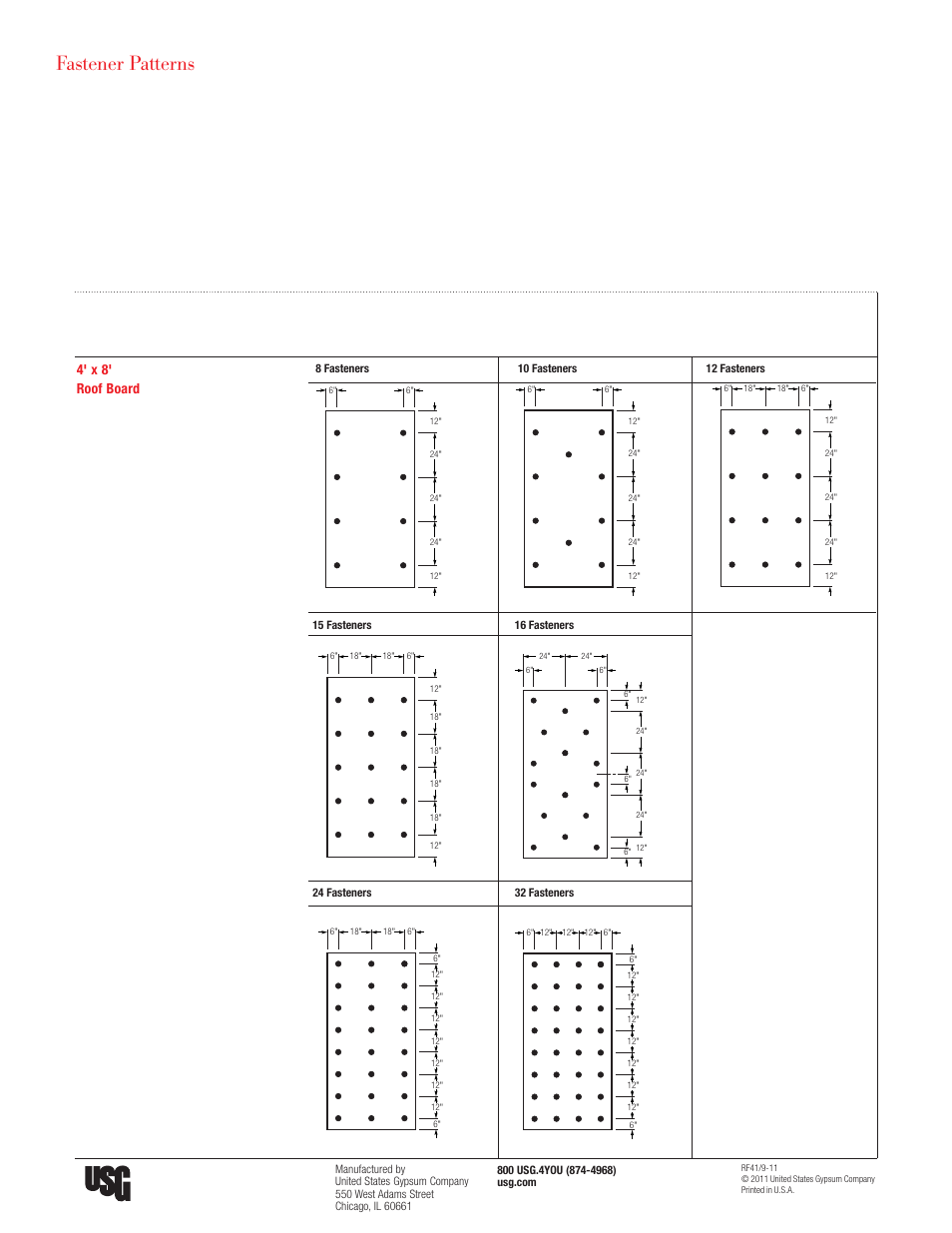 Fastener patterns, 4' x 8' roof board | USG Securock High-Performance Roof Boards User Manual | Page 2 / 2