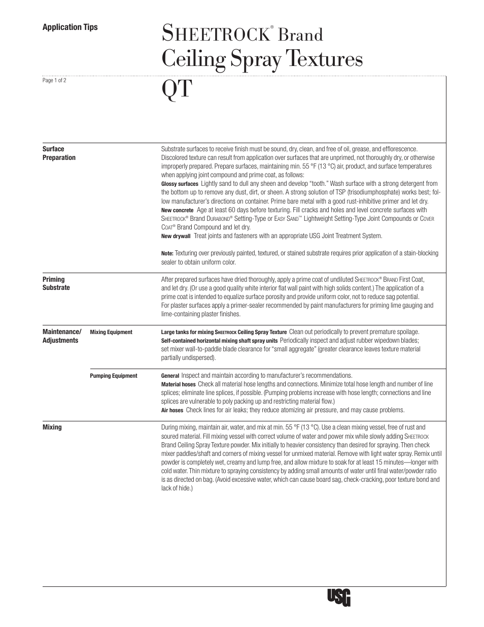 USG SHEETROCK Ceiling Spray Textures User Manual | 2 pages