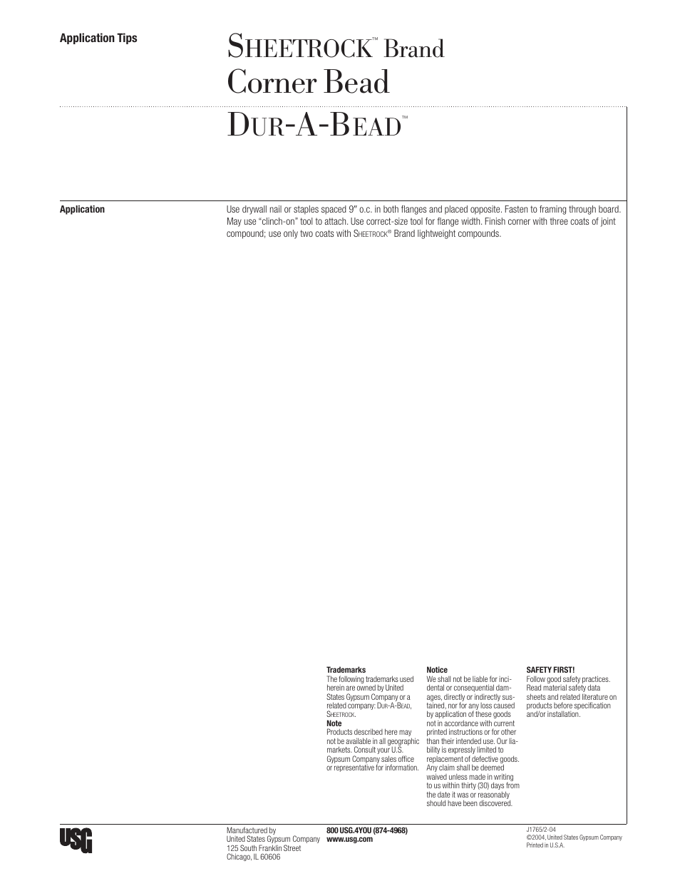 USG SHEETROCK Corner Bead DUR-A-BEAD User Manual | 1 page