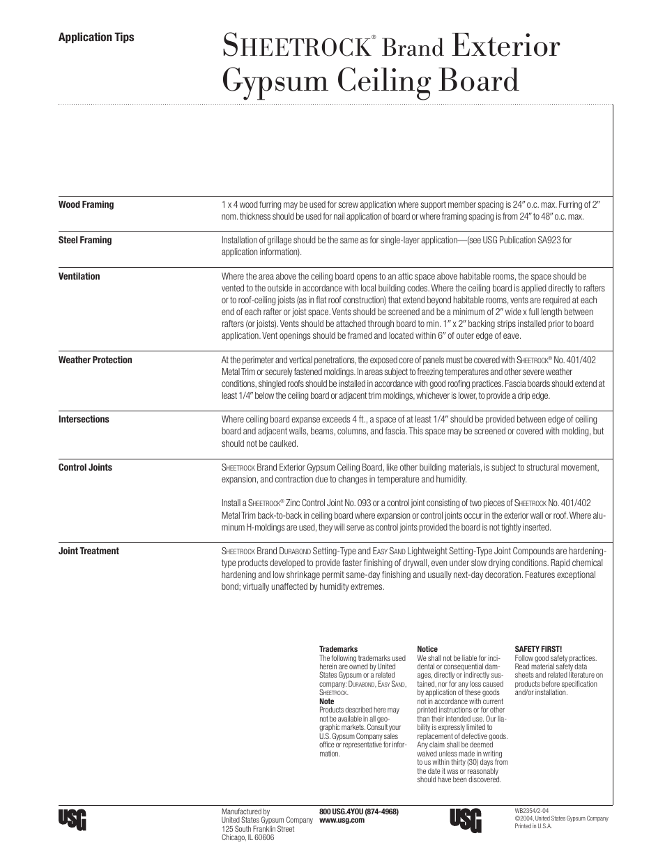 USG SHEETROCK Exterior Gypsum Ceiling Board User Manual | 1 page