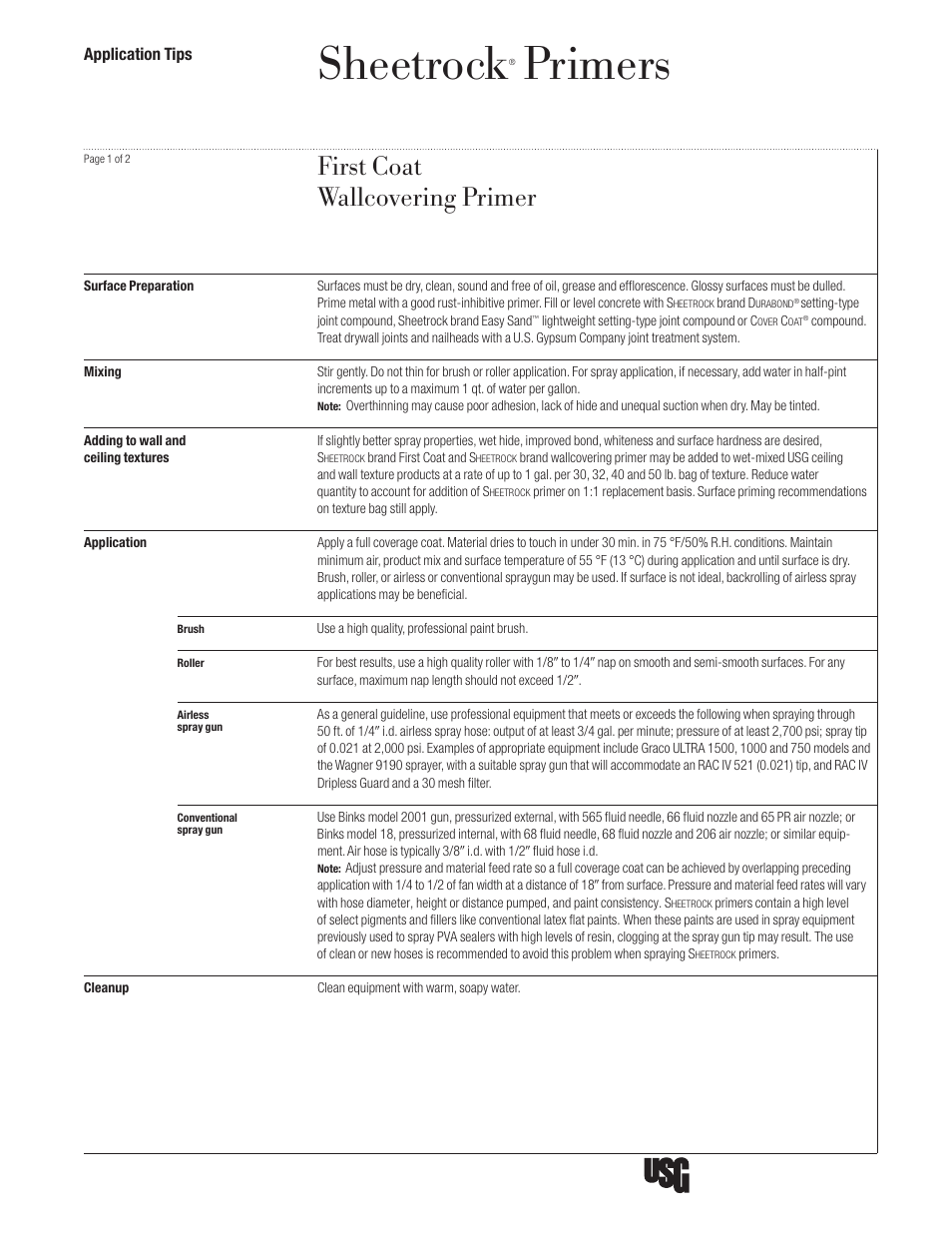 USG Sheetrock Primers User Manual | 2 pages