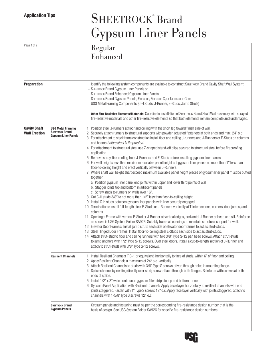 USG SHEETROCK Gypsum Liner Panels User Manual | 2 pages