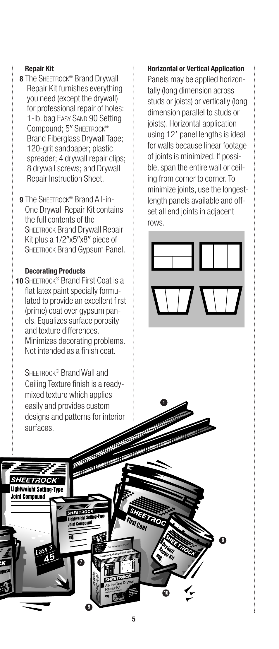 The s, 90 setting compound; 5 љ s, Brand gypsum panel | Repair kit 8, Decorating products 10, Horizontal or vertical application | USG SHEETROCK Gypsum Panels User Manual | Page 5 / 26