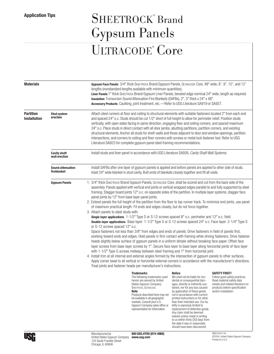 USG SHEETROCK Gypsum Panels ULTRACODE Core User Manual | 1 page