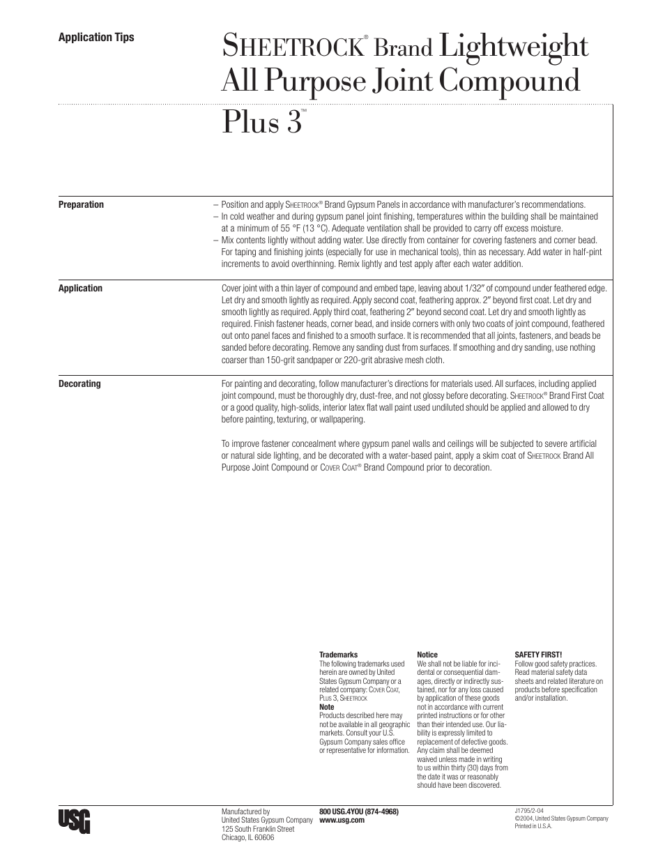 USG SHEETROCK Lightweight All Purpose Joint Compound Plus 3 User Manual | 1 page