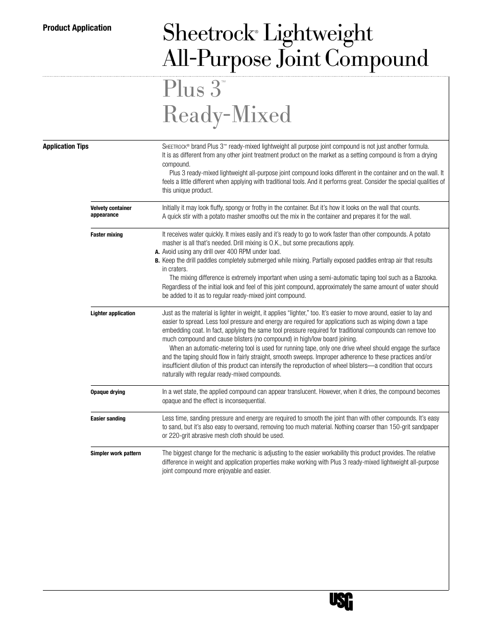 USG SHEETROCK Lightweight All Purpose Joint Compound Plus 3 Ready-Mixed User Manual | 2 pages