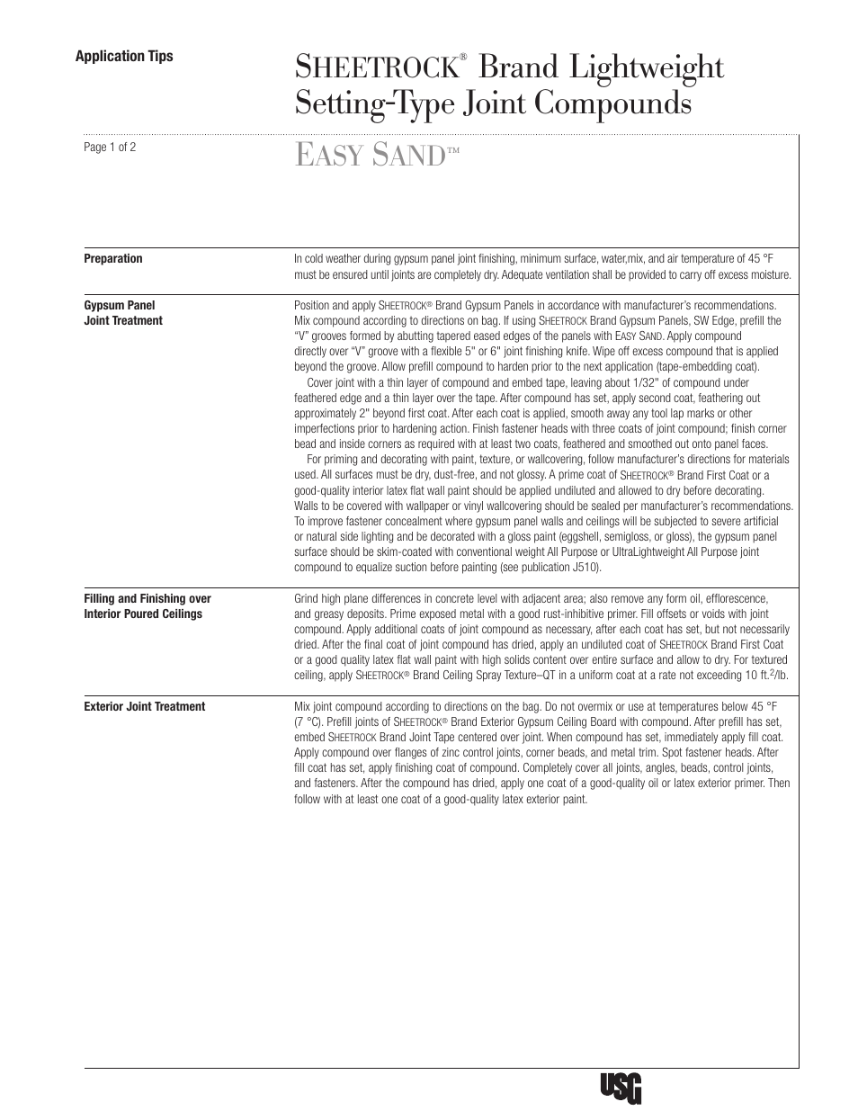 USG SHEETROCK Lightweight Setting-Type Joint Compounds Easy Sand User Manual | 2 pages