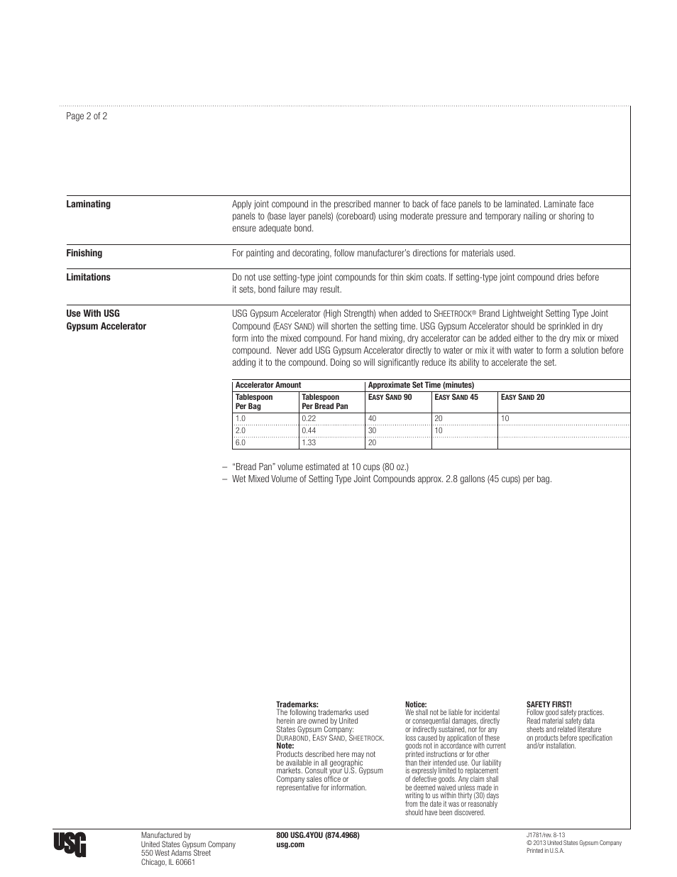 USG SHEETROCK Lightweight Setting-Type Joint Compounds Easy Sand User Manual | Page 2 / 2